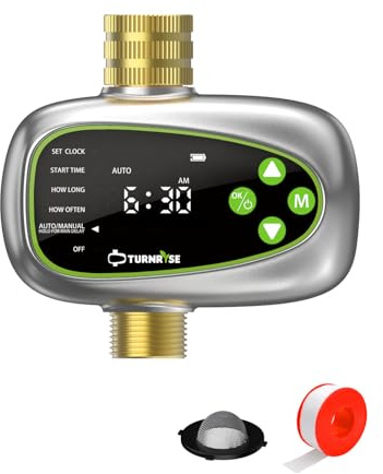 TURNRISE Irrigation Timer Brass Inlet/Outlet, Smart Water Timer Watering Timers with Rain Delay/Manual Mode, IP55 Waterproof Hose Sprinkler Timers for Garden Lawn