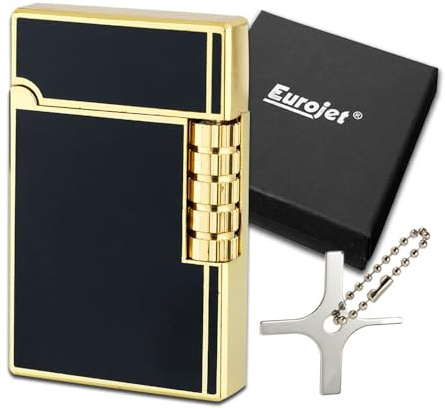 Design Metall Feuerzeug Vintage | Farbe: Schwarz Gold | Reibrad | Stand Flamme | Set mit Flammen Justier Werkzeug | Geschenk Box