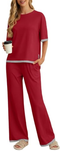 PrinStory Pyjamas för kvinnor, kortärmad pyjamasöverdel långa pyjamasbyxor tvådelad, Vinröd, M
