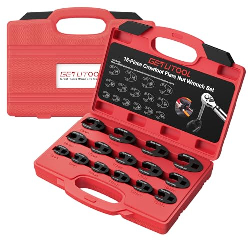 GETLITOOL Juego de 15 piezas Llaves de Boca Llaves Crowfoot 3/8 y 1/2, 8-24 mm, Cromo-Molibdeno para Trabajos Mecánicos con Estuche Fácil de Transportar