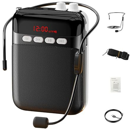 Tragbarer Sprachverstärker – wiederaufladbarer Akku mit kompaktem Sound-Booster | 11,4 x 8,2 x 3,8 cm | verstellbarer Gurt | Lautsprecher für Unterricht, Coaching, Singen, Führen, Präsentationen