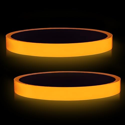 2 Rollos Cinta Luminosa Naranja 1cmx5m Brilla en la Oscuridad Cinta de Marcación Autoadhesiva para Caminar Seguro en la Oscuridad en Escaleras, Paredes y Salidas de Emergencia