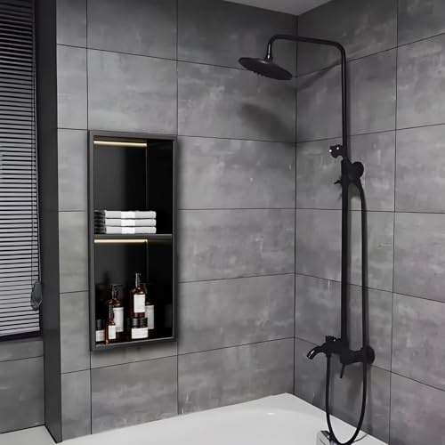 Doccia in acciaio inox nero opaco con luce a LED da incasso, soluzione di archiviazione per bagno, nessuna piastrella necessaria, facile installazione per docce moderne