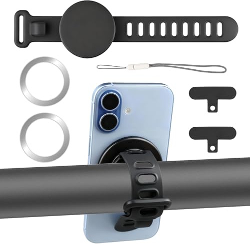 Magnetische Handyhalterung für Kinderwag, Fahrrad und Fitnessgeräte | Verstellbare Silikonbänder für iPhone 17/16/15/14/13/12 - für Lenkstangen, Heimtrainer & Einkaufswagen
