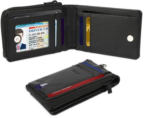 Teskyer Portefeuille Homme - Blocage RFID, Peut contenir jusqu'à 10 Cartes, 2 fenêtres pour Cartes d'identité, 1 Poche à Monnaie avec Fermeture éclair, Minimaliste, Cuir synthétique, Noir