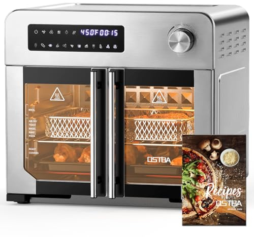 OSTBA French Door Air Fryer Toaster Oven Combo, 102 Recipes & 7 Accessories Extra Large Airfryer Convection Oven Countertop 10-in-1, 30% Faster 90% Less Oil, Stainless Steel