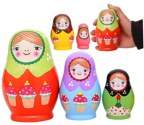 Syglawnd Russische Nistpuppen, 1 Set Nistpuppen, 5-lagige russische Matroschka-Puppe mit Buntem Mädchenmuster, glattes Holz für Kinder, Heimdekoration, Matroschka-Puppe