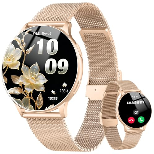 Smartwatch Damen Rund mit Telefonfunktion, 1.32 AMOLED HD Schrittzähler Uhr Damen Pulsuhr SpO2 Schlafmonitor, 120+Sportmodi Smart Watch, IP68 Wasserdicht Fitness Tracker, Watch iOS/Android(Roségold)