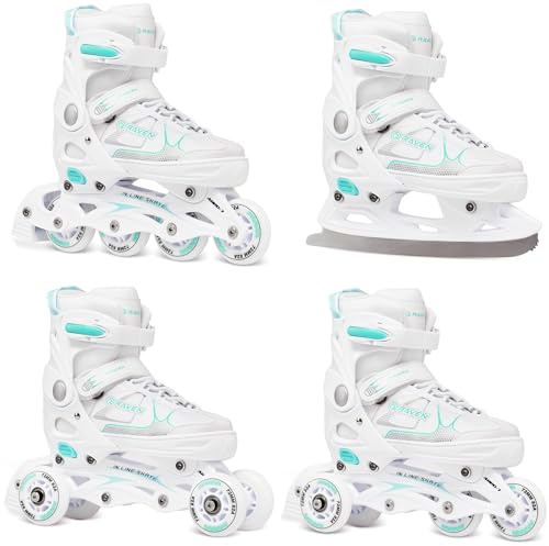 RAVEN 4in1 Inline Skates Pattini in linea Triskates Pattini a rotelle/da ghiaccio per bambini e adulti regolabili (Spirit White/Mint, 40-43 (25,5-28cm)
