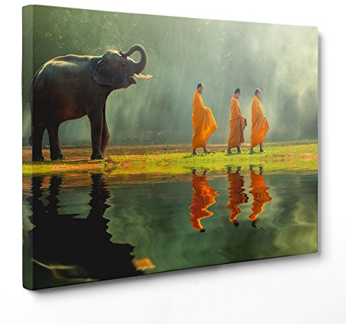 ConKrea Quadro su Tela Canvas - INTELAIATO - Pronto da Appendere - Monaci Tibetani - Tibet - Elefante Budda Buddismo - 70x100cm - Senza Cornice - (cod.2211)