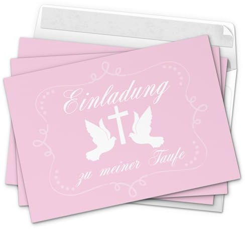 10 x Einladung zur Taufe/Einladungskarten mit Umschlag im Set/Einladung zu meiner heiligen Taufe Rosa 2 Tauben/Baby Taufkarte/Grußkarte/Postkarte /