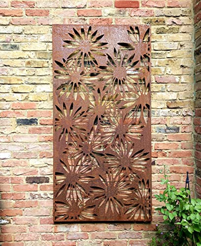 1.8m tall 'Daisies' design metal steel screen or wall art - ideal for a screen fence or wall mounting - can be painted or will form a natural rustic finish