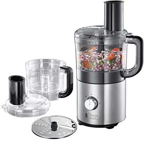 Russell Hobbs Procesador de Alimentos Compact Home - Diseño Compacto, Cuchilla Acero Inoxidable, Disco de Corte y Rallado, Capacidad de 1,2L, sin BPA, 2 Velocidades, Función Pulse, Plata - 25280-56