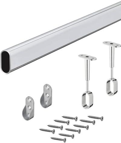 Möbelrohr OVAL Schrankstange Metall Kleiderstange 1500 mm mit 2 Stück Schrankrohrlager für Deckenmontage | Stahl verchromt | Schrankrohr 30 x 15 mm | 1 Set - Kleiderschrank-Stange mit Halterungen