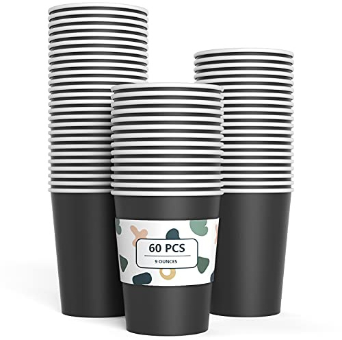 Lot de 60 gobelets en carton jetables biodégradables et compostables pour fête, anniversaire, bricolage - Noir - 266 ml