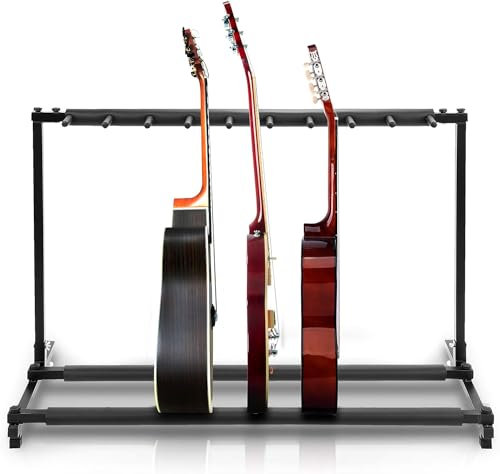 Pyle Gitarrenständer- Guitar Stand, 9-Space Faltbarer Gitarrenständer Mehrfach, Bass ständer, für Akustikgitarre, E- Gitarre & Gitarrentasche, Tragbarer Gitarrenstaender mit Schaumstoffpolsterung