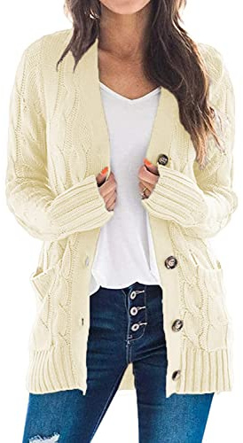 Uusollecy Cardigan Mujer Chaqueta Punto Mujer Grueso Monocolor para Otoño e Invierno Abrigo Informal con Botones Chaqueta de Punto Mujer,Beige,L