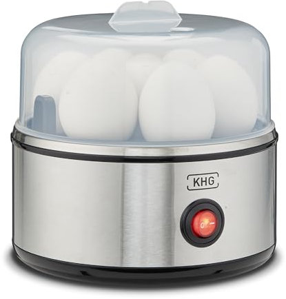 KHG Eierkocher Edelstahl Modern | 1 Ei - 7 Eier | Messbecher mit Eipick | 380 Watt Edelstahlheizplatte, mit akustischer Fertigmeldung | 16 cm Breite x 15,5 cm Höhe