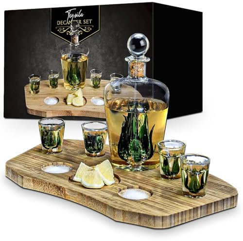 MikaMax - Tequila Decanter set - Decantador - Incluye 4 Vasos de Chupitos - Meseta de Bambú - Vasos de Chupito - Regalo - 840 Mililitros