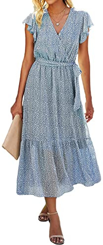 Sevetat Lång, bohemisk chiffongklänning med bälte, sommarklänning, festklänning, elegant, V-ringad maxiklänning blommig aftonklänning med volanger, fin som strandklänning/cocktailklänning, Ljusblå, L