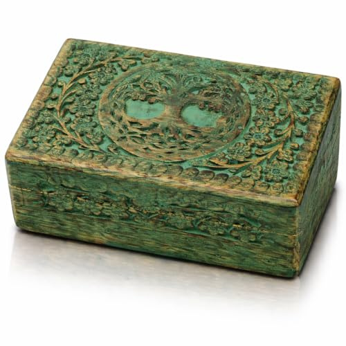Tolles Geburtstagsgeschenke Handgemachte dekorative hölzerne Schmuckkasten Baum des Lebens Carving Schmuck Organizer Andenkenkasten Schatztruhe Schmuckstück Halter Aufbewahrung Schloss Box (Green)
