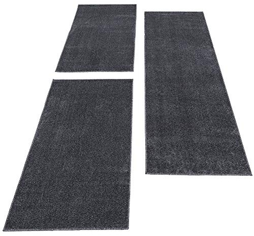 Carpettex Bettumrandung Schlafzimmer 3teilig Kurzflor Teppich Einfarbig Design Grau Bettset:2 mal 60x100 + 1 mal 80x150 - Bettvorleger Schlafzimmer Läufer Set Weicher Bettumrandung Teppich