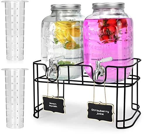 1 Gallon Glass Drink Dispensers For Parties 2PACK.Beverage Dispenser,Glass Drink Dispenser With Stand And Stainless Steel Spigot 100% Leakproof.Lemonade Dispenser With Ice Cylinder.Laundry Detergent