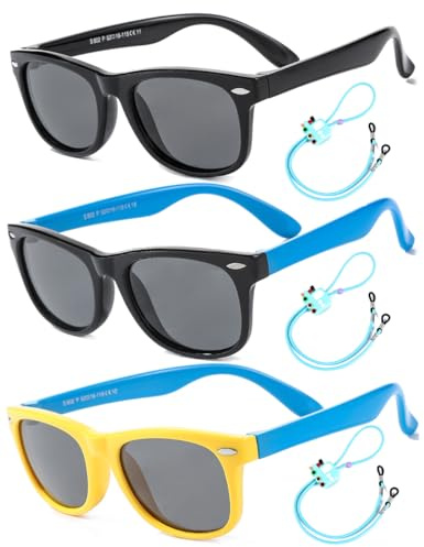 Rocf Rossini Flexible Kids Sunglasses Polarized Toddler Sun Glasses for Baby Boys and Girls Shades UV400 Protection with Case Age 2-8 (Black+Black/Blue+Yellow/Blue)