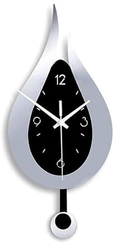 GFFTYX 20.4 Inch Large Silent Modern Decoration Wall Clock with Pendulum Arabic Numerals Water Drop Battery Operation for Home Living Room Bedroom (Silver + Black)