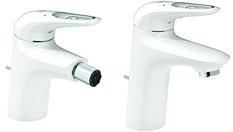 Grohe 33565LS3 Eurostyle New Miscelatore Monocomando per Bidet, Leva Aperta, Bianco Luna, Taglia S & 33558LS3 Eurostyle New Miscelatore Monocomando per Lavabo, Leva Aperta, Taglia S, Bianco