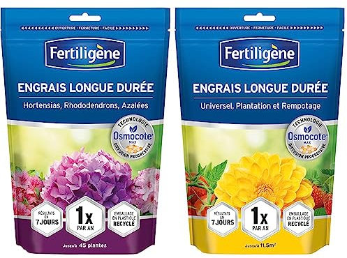 FERTILIGENE Engrais Longue durée Osmocote Max Hortensias, Rhododendrons, Azalées 700g & Engrais Longue durée Osmocote Max Universel, Plantation et Rempotage 700g