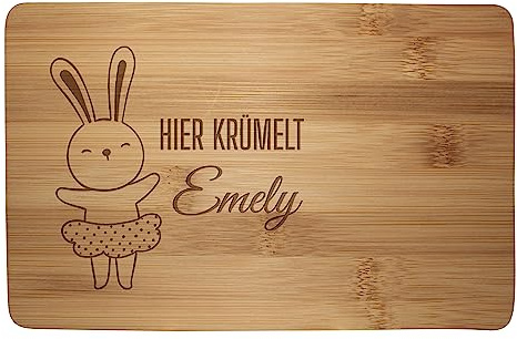 wandmotiv24 Personalisiertes Frühstücksbrettchen, 22x14 cm, Hier krümelt, Hase, Name, Holz, Schneidebrett, Geschenke M0849