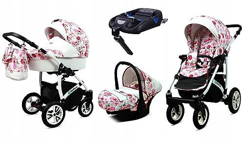 BabyLux® Kinderwagen Set 4 in 1 - Tropical - incl. Babywanne, Buggy Sportsitz, Auto-Babyschale, ISOFIX-Basisstation - Autositz - Kinderwagenset - Kombikinderwagen mit Wickeltasche usw.