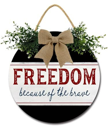 Freedom because of the barve Haustürschild, lustige Kränze zum Aufhängen, Holzschild, Dekoration, rund, rustikal, Holz, Bauernhaus, Veranda, Dekor für Zuhause, Haustür, 28,9 x 27,9 cm