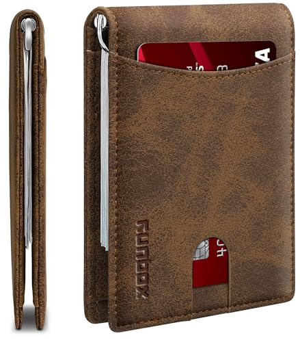 RUNBOX Slim Wallet for Men Genuine Leather RFID Blocking Bifold Minimalist Front Pocket Mens Wallet with Money Clip Thin Gift Box