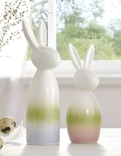 Dekoleidenschaft 2X Dekofigur Hase Pastell aus Porzellan, glänzend, 14 + 17 cm hoch, Osterdeko, Osterhase, Figurenset