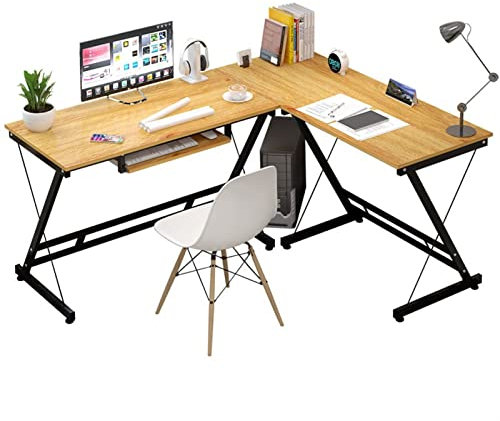 Tavolo da Ufficio Scrivania ad angolo moderna e minimalista, scrivania for PC portatile, postazione di lavoro for PC a forma di L con vassoio for tastiera, stabile struttura in metallo a forma di Z, m