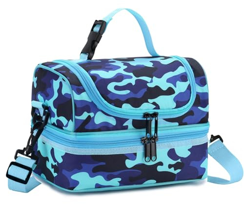 VASCHY Kids Lunch Bag, Portable Lunch Bag Separate Compartments Reusable Boys Lunch Handbag with Adjustable Shoulder Strap for School and Picnic Camouflage Blue