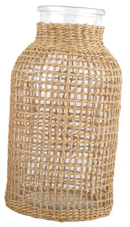 TOPPERFUN Rattan Woven Glass Flower Vase Brown with Delicate Woven Rattan Design and Sturdy Glass Base Desktop Flower Arrangement Vase and Home Decoration