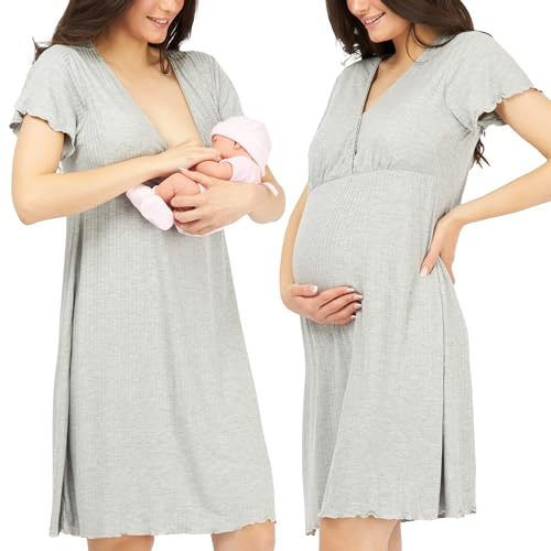 Womum Camison Lactancia, 3 en 1 Lactancia, Hospital y Embarazo, Suave y Transpirable para Máxima Comodidad, Ropa Premama Embarazada, Pijama Lactancia (M, Gris)
