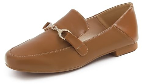 Feversole dammode daglig komfort mjuk penny loafer kontor arbetskläder, Kamel veganskt läder gyllene spänne, 38.5 EU