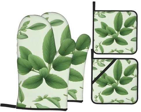 YYHWHJDE Set di 4 presine e presine con foglie e rami di salvia con fiori verdi: spessi e resistenti, antiscottatura e termoisolanti