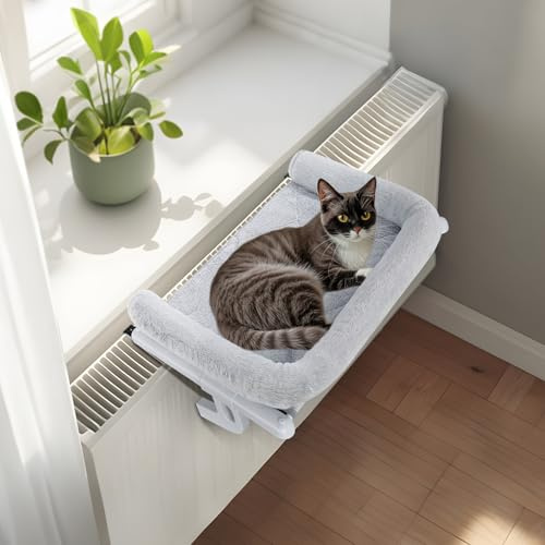 GUUSII HOME Katthängmatta Fönster Sittplats Kattunge Hängande Bädd Fönsterbräda för inomhusbruk Stor Husdjurshylla Robust Kattsäng Tvättbar Kudde Lätt att montera Ingen Borrning 63 * 38cm (Grå, L)