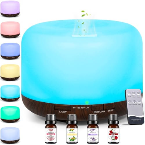 AQXONG 500ML Difusor Aceites Esenciales, Humidificador de Aromas con 6x10ml Aceites Esenciales, Difusor Ultrasónico con Mando a Distancia para Sala de Estar Dormitorio Yoga Oficina - 7 Colores LED
