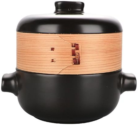 YLFFFZXK Ceramic Stockpot Japanese Round Stewpot Ceramic Casserole Clay Pot Steam Stew Pot,Natural Bamboo Steamer Basket for Household Kitchen,Black,1.5L