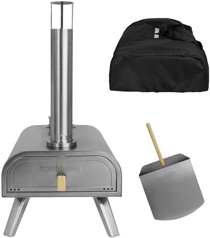 George Foreman Forno per pizza a pellet di legno da esterno da 40,6 cm, portatile, in acciaio inox, con pagaia e borsa per il trasporto, forno per barbecue e affumicatore, gambe pieghevoli GFWPPO2SSPC