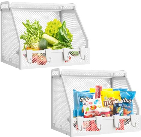 Gemsaya 2 Pack Wall Hanging Wire Baskets with Hooks, Wall-Mounted & Countertop Wire Fruit Vegetable Storage Organiser Rack, Metal Storage Shelf for Home Kitchen, White