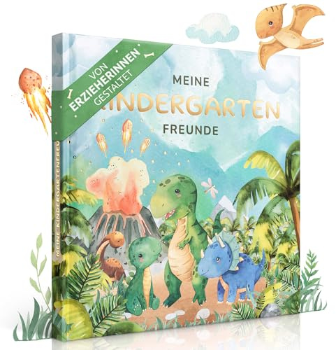 EULENTALER Kindergarten Freundebuch Dino | Von Erzieherinnen gestaltet | Mit handgemalten Dinosauriern, Goldprägung, 6 Erzieherinnen Seiten & kinderfreundlich, Kindergartenfreundebuch Jungs