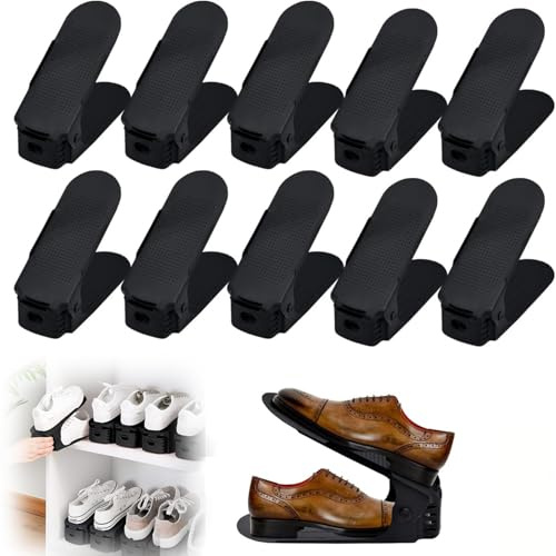 VANCHEMO Verstellbares Schuhregal 10 Stück, Schuhstapler, Schuh-Organizer, platzsparendes Set aus rutschfestem Kunststoff, 3-fach höhenverstellbar, Schwarz