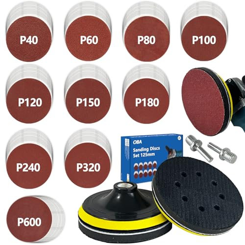 100 dischi abrasivi per trapano e smerigliatrice angolare, levigatrice da 125 mm per attacco trapano, 2 dischi abrasivi rotondi con velcro e spugna (grana 40/60/80/100/120/150/180/240/320/600)